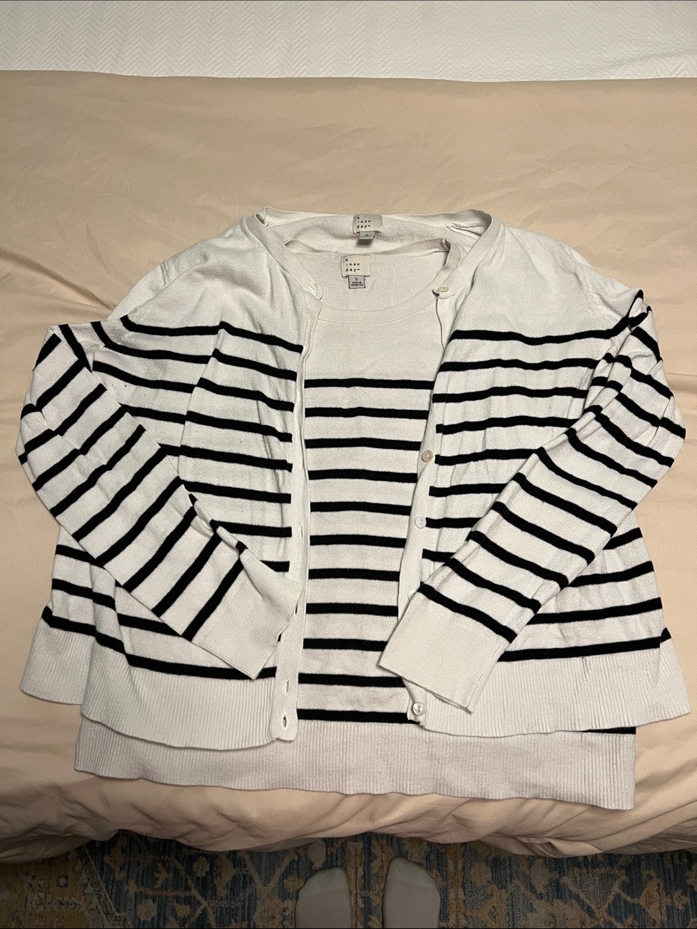 a new day White and Black Striped Sweater Set - Crew & Cardigan